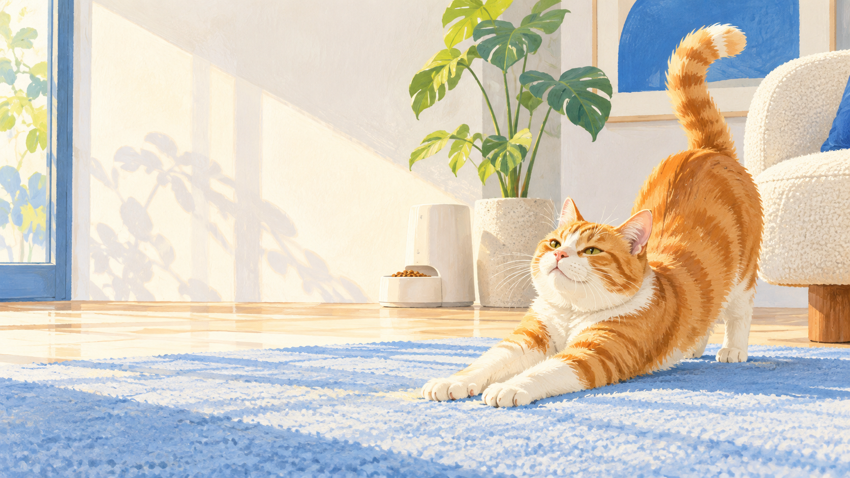An orange-and-white cat stretching in a bright, painted home